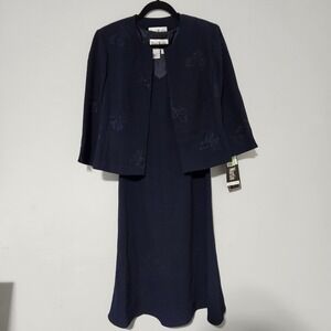 Sheri Martin Petites Navy Blue 2 Piece Dress Set Embroidered Jacket 10P New